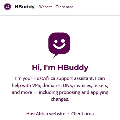 The HBuddy welcome screen, introducing the HostAfrica support assistant