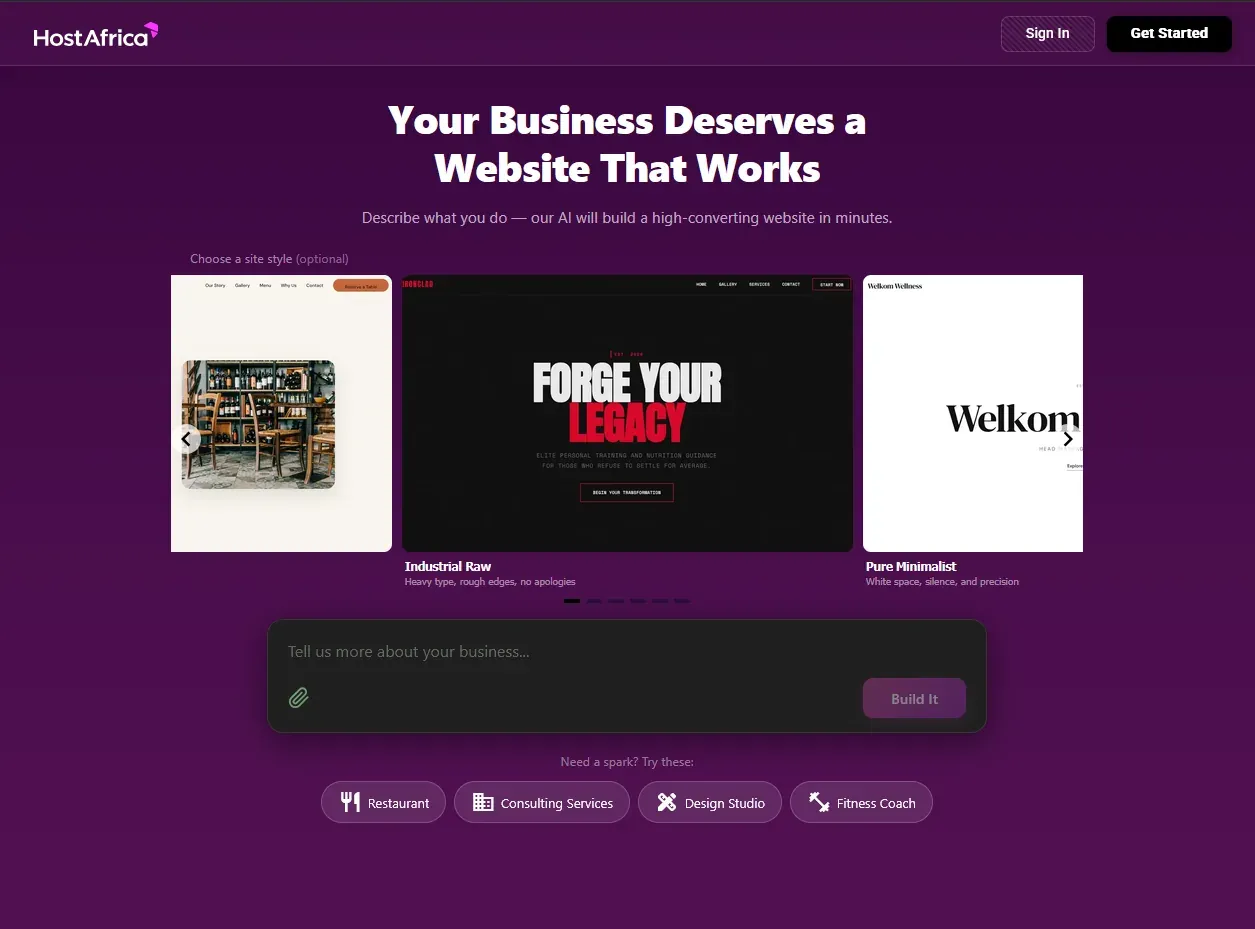 The Hbuild homepage, where you describe your business and AI builds the website