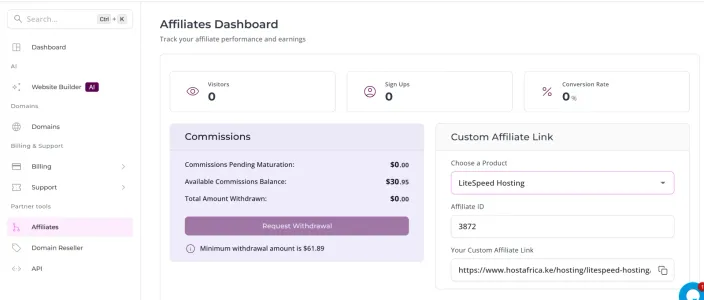 Affiliates Dashboard in the client area, with Affiliates active under Partner tools in the left sidebar, above the Visitors, Sign Ups, Conversion Rate and Commissions cards