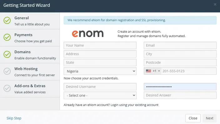 Create an account with eNom in WHMCS