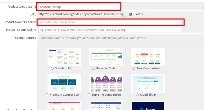 create product group in whmcs