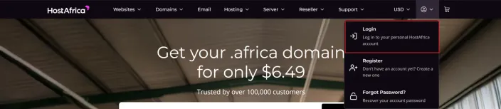 HostAfrica site header with the account menu open and the Login link highlighted