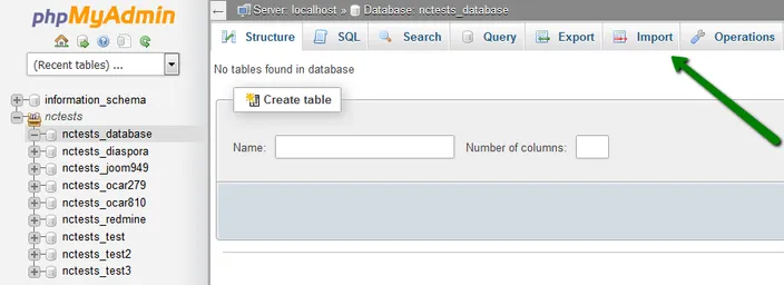 phpMyAdmin Structure view with the Import tab marked in the top bar