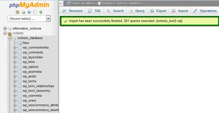 phpMyAdmin banner reporting that the import finished successfully