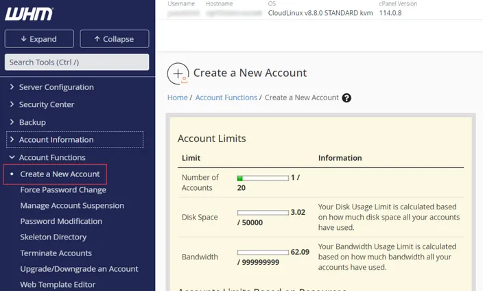Create a New Account Dashboard WHM