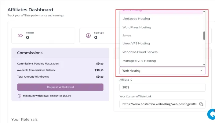 The Choose a Product dropdown open on the Custom Affiliate Link card, with LiteSpeed Hosting, WordPress Hosting, Linux VPS Hosting, Windows Cloud Servers and Managed VPS Hosting on the list