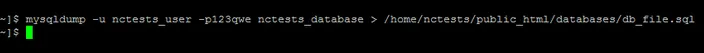 SSH terminal running the mysqldump export command with the password in the command