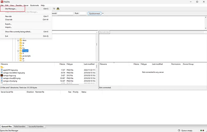 site manager in filezilla