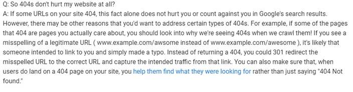 Google's answer to whether or not 404s hurt a website