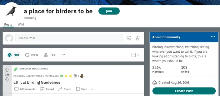 A picture of a social forum reddit about birding and related topics