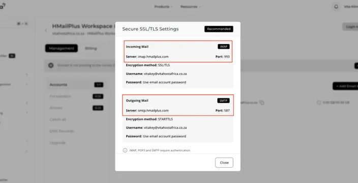 HMailPlus Workspace pop up showing IMAP and SMTP details for an existing email account