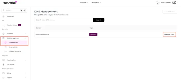 HostAfrica Dashboard showing how to get to the DNS management section