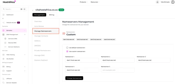 HostAfrica Direct Admin area showing the Manage Nameservers section