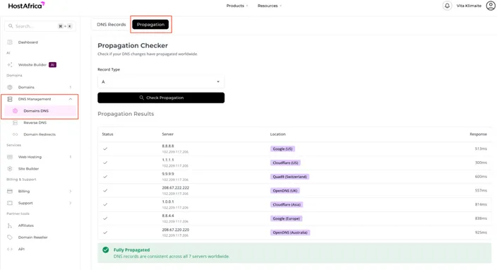 HostAfrica domain propagation section showing the result of an A record propagation check
