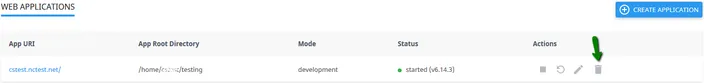 Web Applications table with a green arrow pointing to the delete icon for the listed app