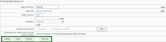 Ruby application panel with the Update, Reset, Restart and Remove buttons highlighted