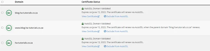Domains that have AutoSSL enabled in cPanel