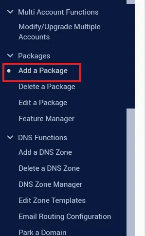 The sidebar showing where to add a reseller package in WHM