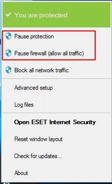 eset pause protection and firewall