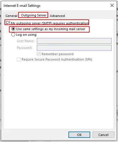 outlook internet e-mail settings