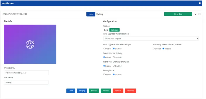 Expand the site configuration section by clicking the downward arrow at the end of the relevant row.