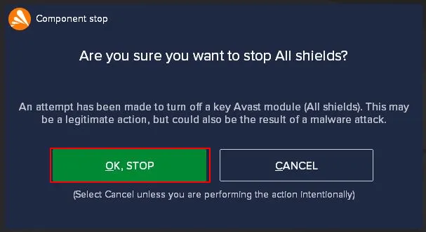 Avast confirmation stop all shields