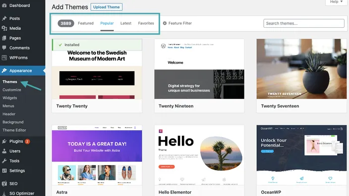 Installing a free theme on WordPress.