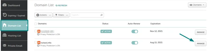 Namecheap Domain List with the Manage button beside a domain marked by an arrow