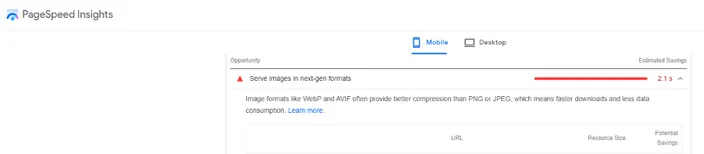 serve images in next-gen formats Google PageSpeeds Insights Report