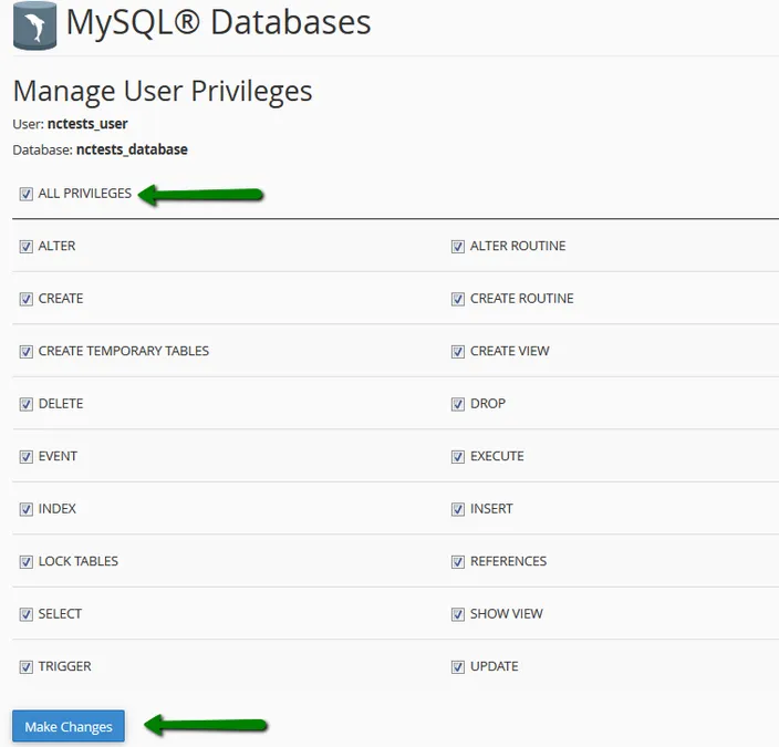 MySQL Databases Manage User Privileges page with ALL PRIVILEGES ticked