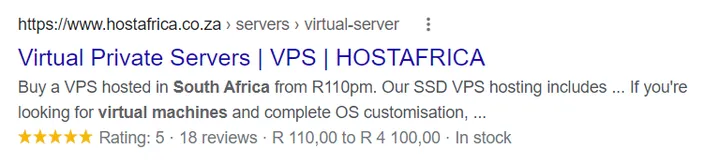 HostAfrica VPS rich snippet on Google