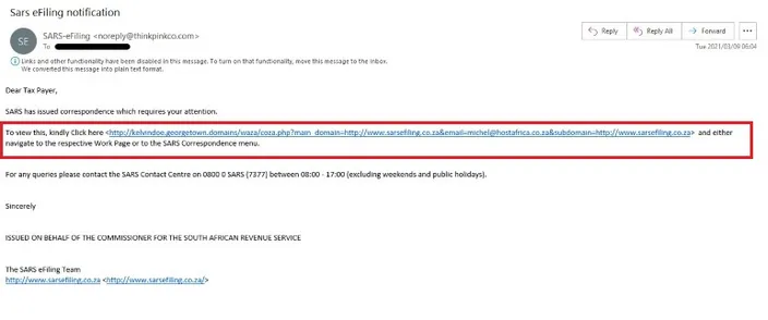 SARS e-filing phishing email