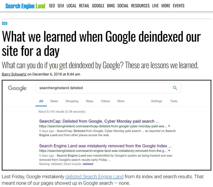google deindexed search engine land for a day
