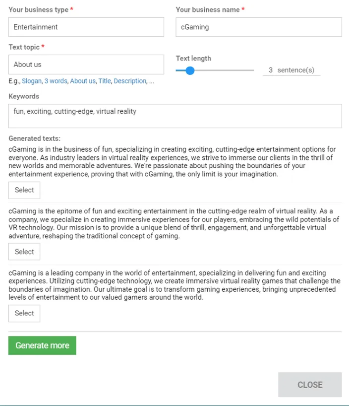AI text options generated after setting some parameters.