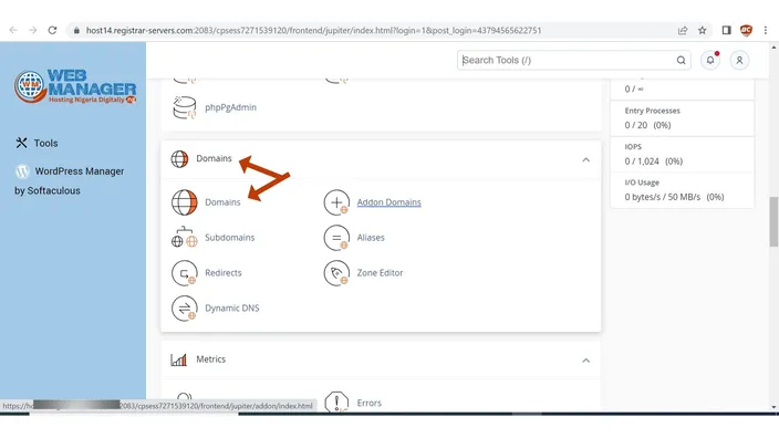 cPanel Domains section with arrows pointing at the Domains heading and the Domains sub-menu