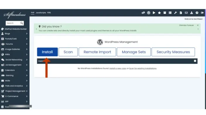Softaculous WordPress Management page with an arrow pointing at the Install button