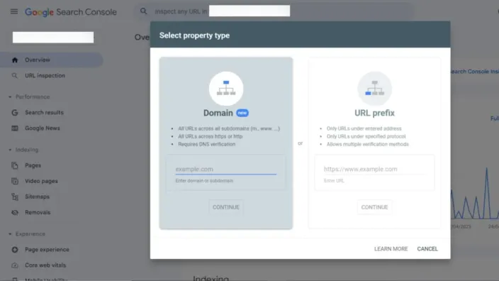 Google Search Console Select property type dialog offering Domain and URL prefix options