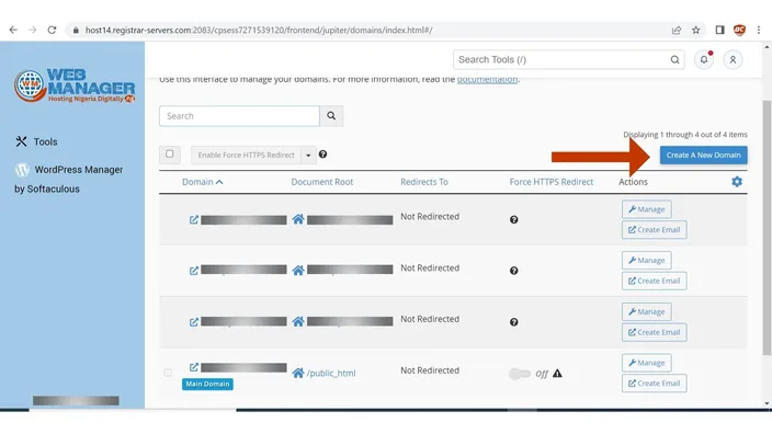 cPanel Domains list with an arrow pointing at the Create A New Domain button