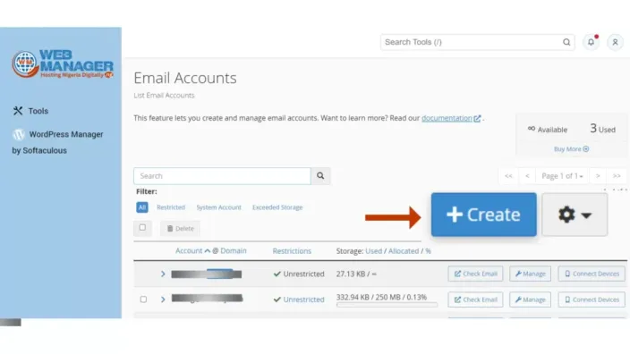 cPanel Email Accounts list with an arrow pointing to the Create button