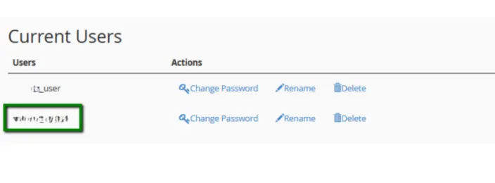 cPanel Current Users list with one database user highlighted