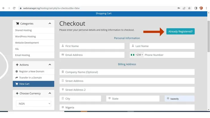 Checkout page with personal details and billing address fields and Already Registered marked