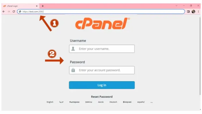 cPanel login page with arrows to the browser address bar and the username and password fields