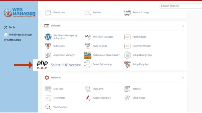 cPanel Software section with an arrow pointing to Select PHP Version