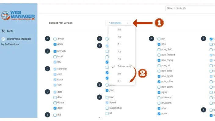 PHP version selector with the version dropdown open and the extension checkboxes listed