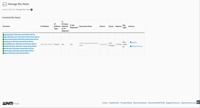WHM Manage SSL Hosts Dashboard