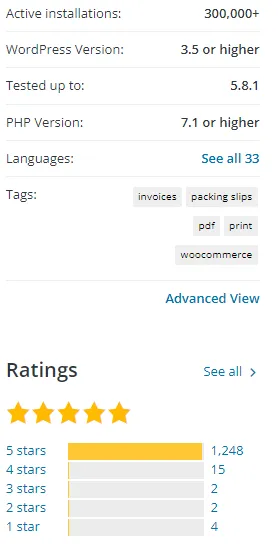 WooCommerce PDF Invoices and Packing slips key specs from WordPress