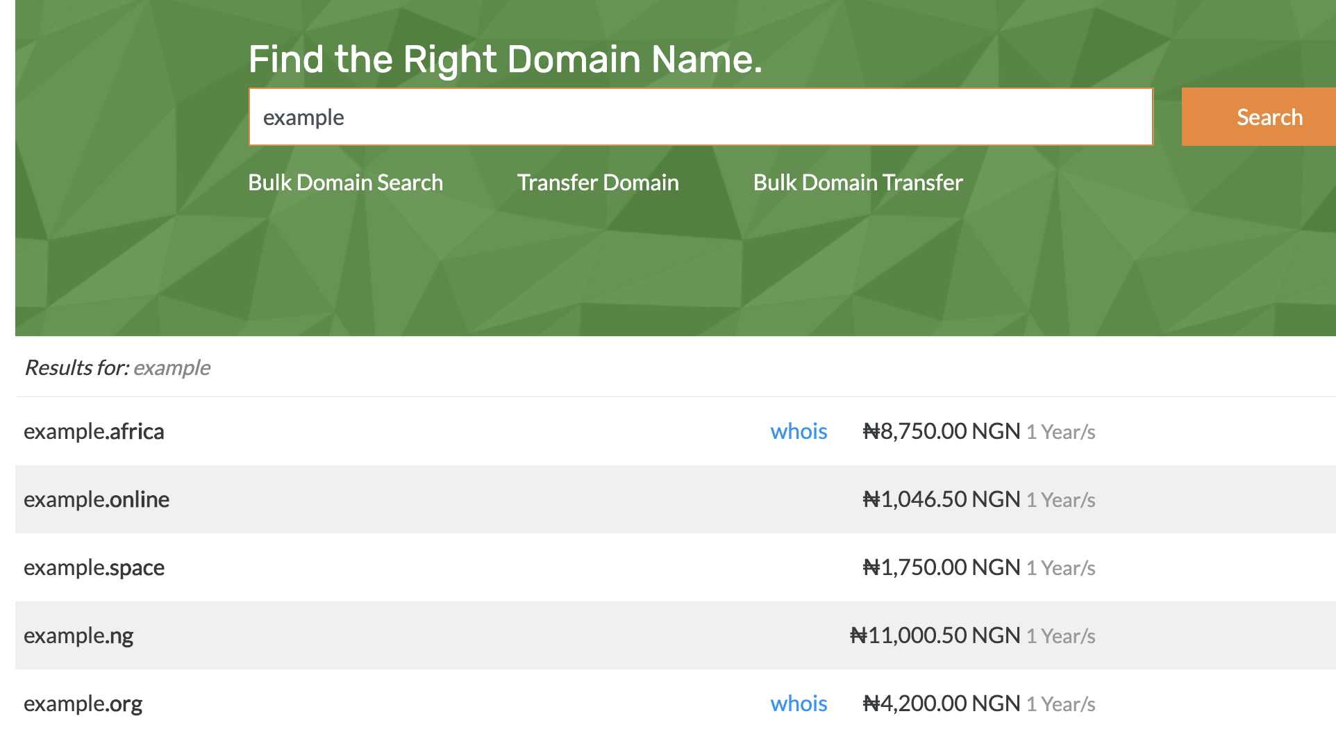 Domain Lookup results example