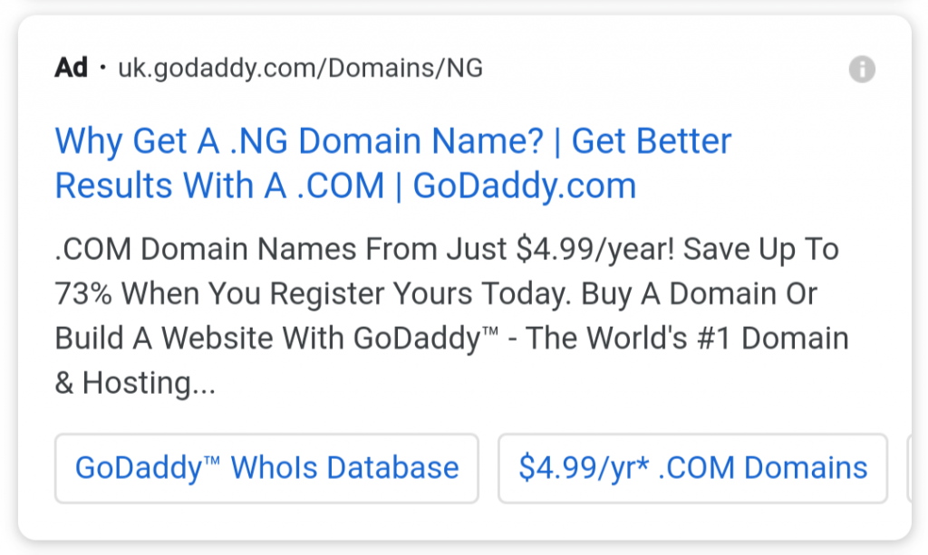 Google Ads by GoDaddy related to .ng domains
